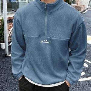 MANFINITY Men's Blue Mountain Logo Quarter Zip Fleece Pullover Sweatshirt XL